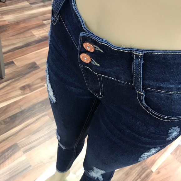 โผ๏ธ Dark Ripped Distress Skinny Denim Jean Stretch - Picture 5 of 7